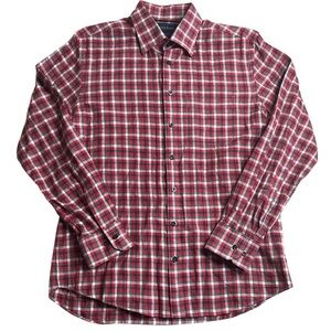 Scott Barber Men’s‎ Button-Down Shirt M Red Gray Plaid 100% Cotton Long Sleeve